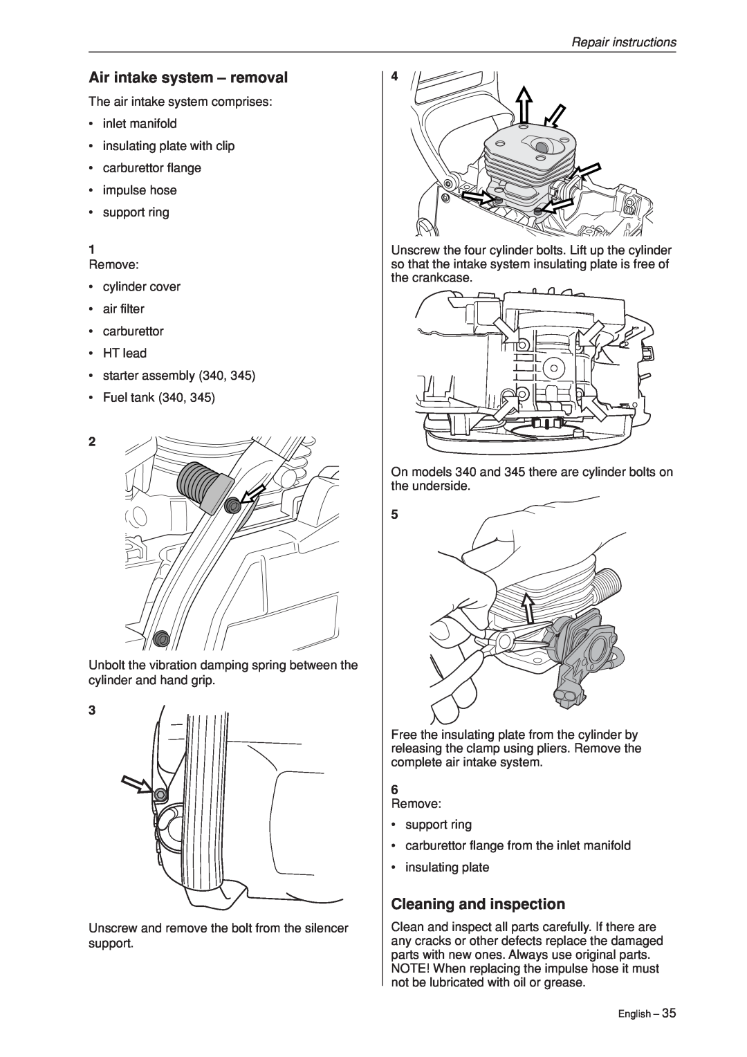Husqvarna 340, 345, 346XP,350, 351, 353 manual Air intake system - removal, Cleaning and inspection, Repair instructions 