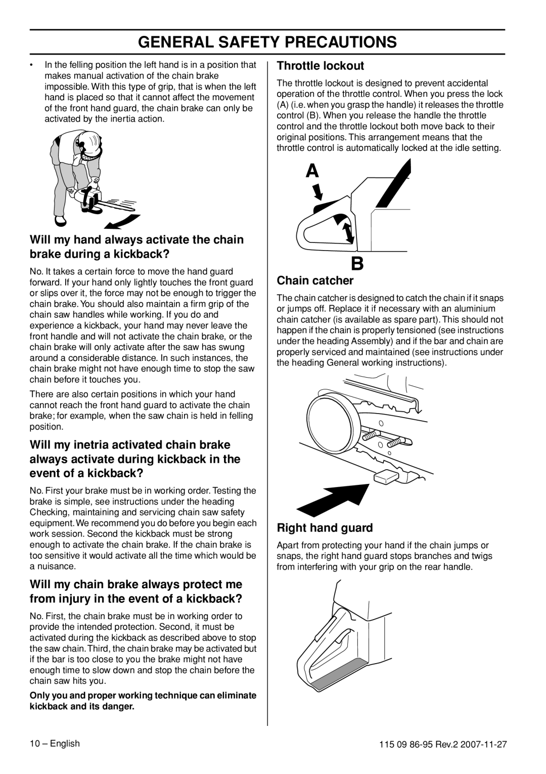 Husqvarna 340 EPA II, 340E EPA II, 350 epa I, 345E EPA II manual Throttle lockout, Chain catcher, Right hand guard 