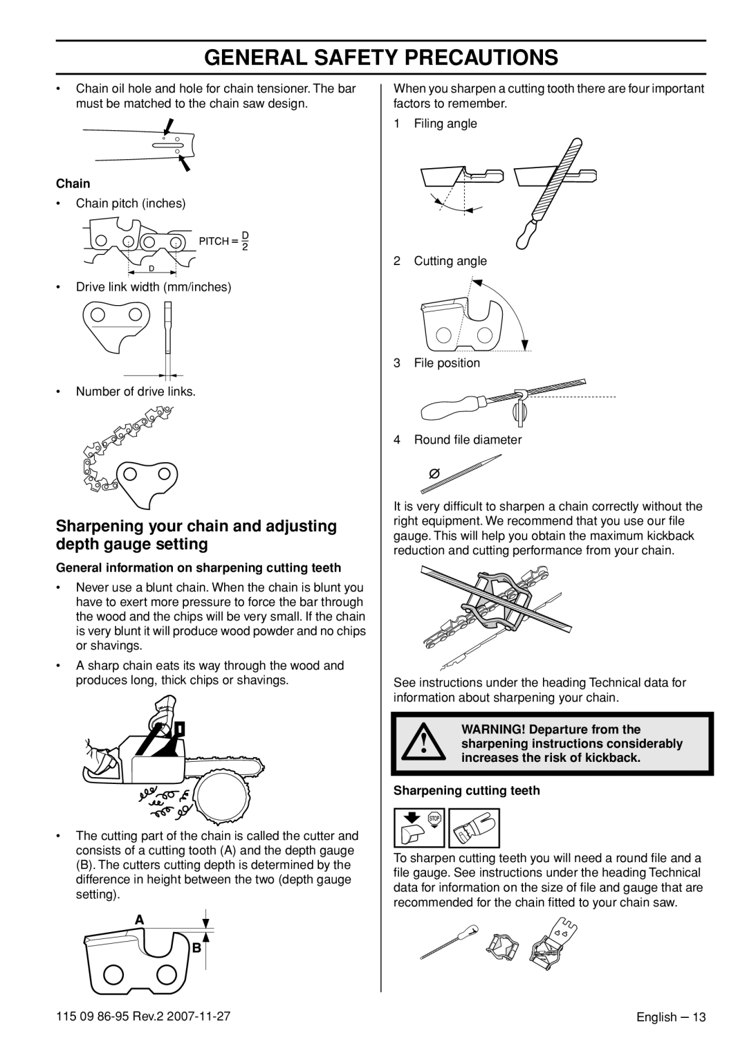 Husqvarna 350 epa I, 340E EPA II, 340 EPA II, 345E EPA II manual Sharpening your chain and adjusting depth gauge setting 