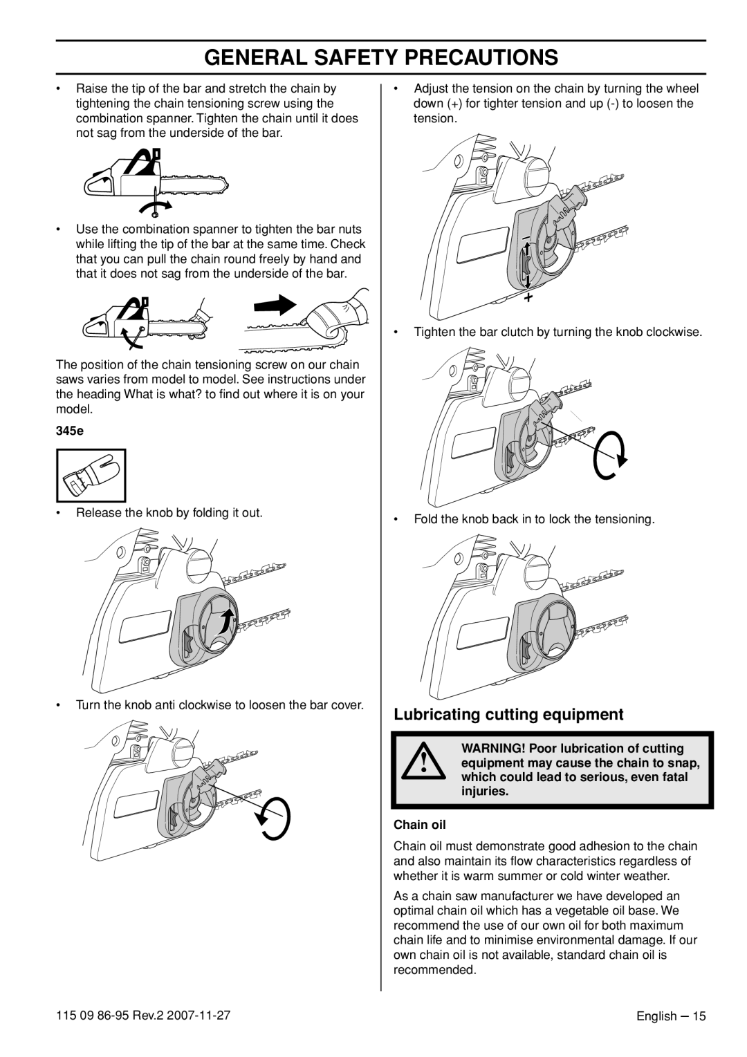 Husqvarna 345E EPA II, 340E EPA II, 350 epa I, 340 EPA II manual Lubricating cutting equipment, 345e 