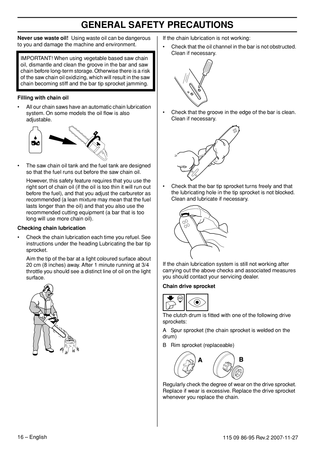 Husqvarna 340E EPA II, 350 epa I, 340 EPA II manual Filling with chain oil, Checking chain lubrication, Chain drive sprocket 