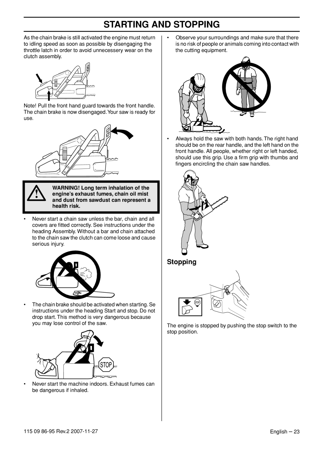 Husqvarna 345E EPA II, 340E EPA II, 350 epa I, 340 EPA II manual Stopping 