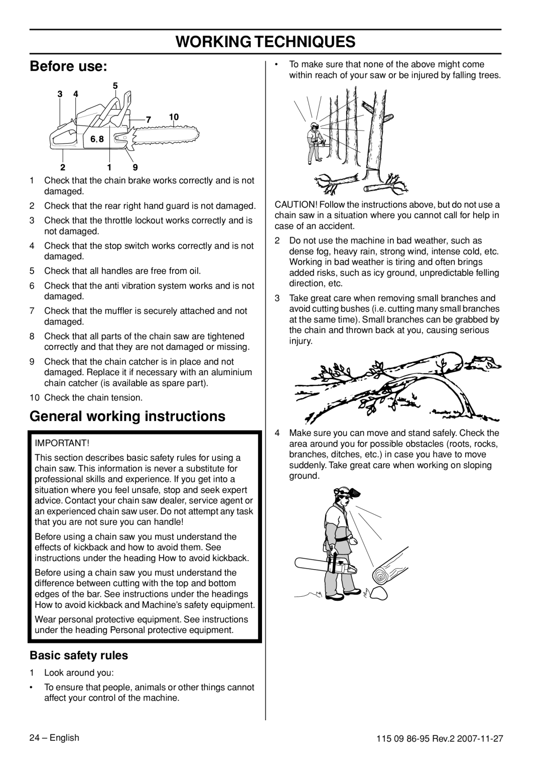 Husqvarna 340E EPA II, 350 epa I manual Working Techniques, Before use, General working instructions, Basic safety rules 