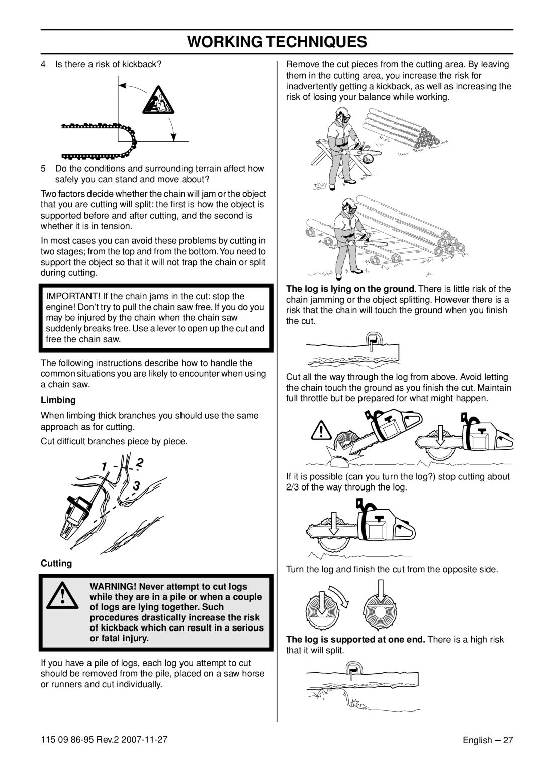 Husqvarna 345E EPA II, 340E EPA II, 350 epa I, 340 EPA II manual Limbing 