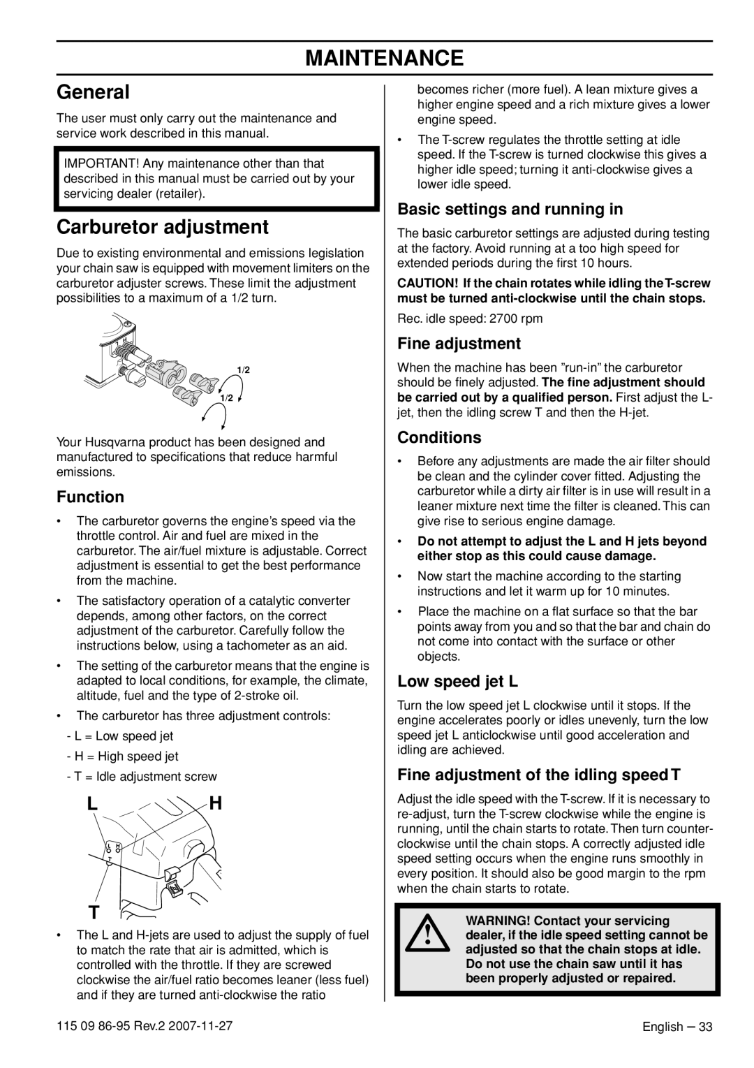 Husqvarna 350 epa I, 340E EPA II, 340 EPA II, 345E EPA II manual Maintenance, General, Carburetor adjustment 