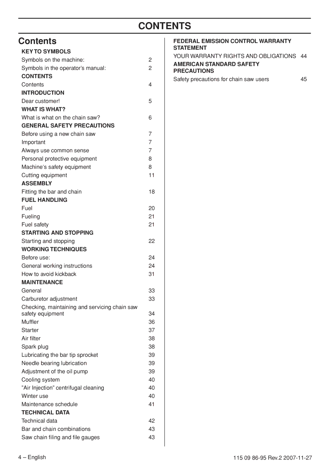 Husqvarna 340E EPA II, 350 epa I, 340 EPA II, 345E EPA II manual Contents 