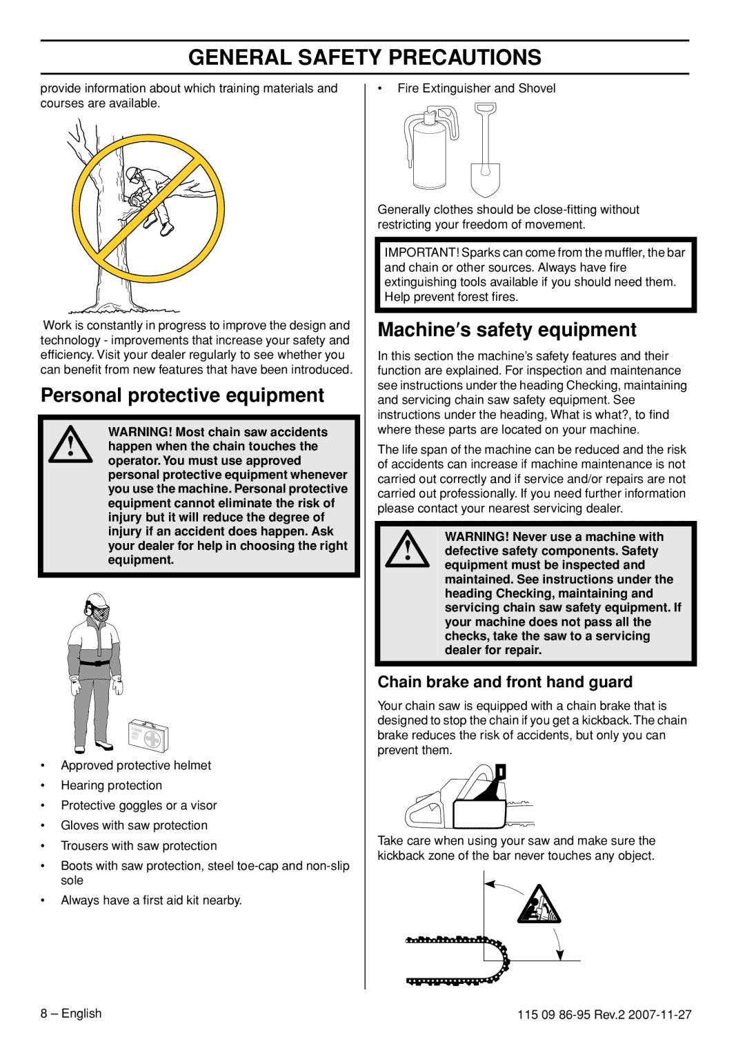 Husqvarna 340E EPA II manual Personal protective equipment, Machine′s safety equipment, Chain brake and front hand guard 