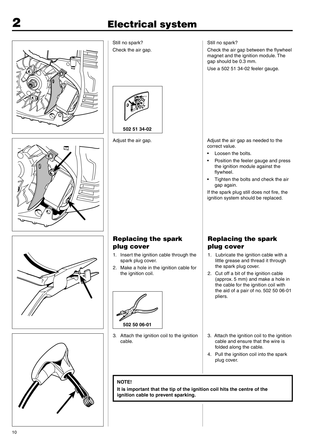 Husqvarna 343F, 345FX, 345FXT, 343R, 345RX manual Replacing the spark Plug cover, 502 50 