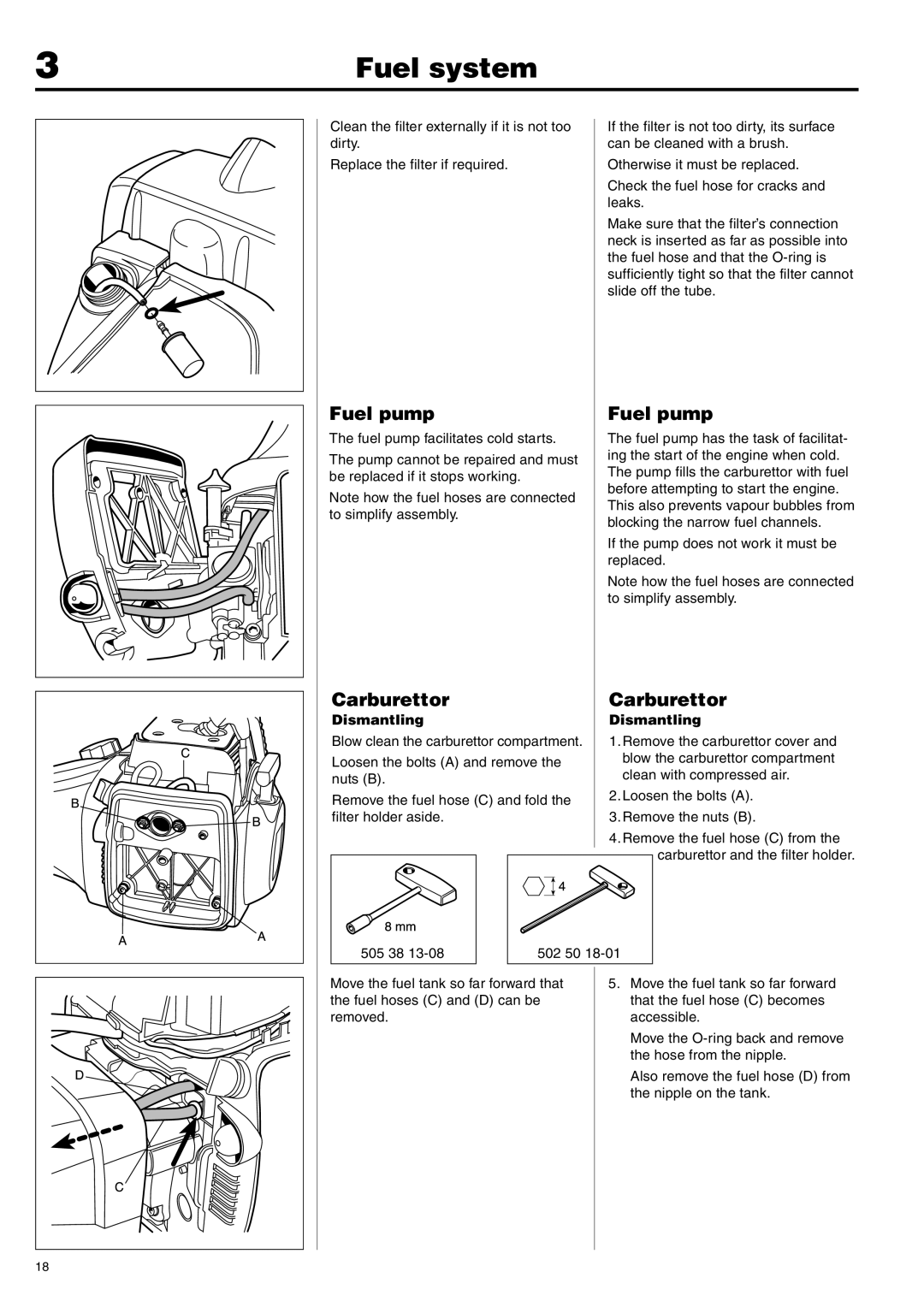 Husqvarna 343F, 345FX, 345FXT, 343R, 345RX manual Fuel pump, Carburettor, Dismantling 