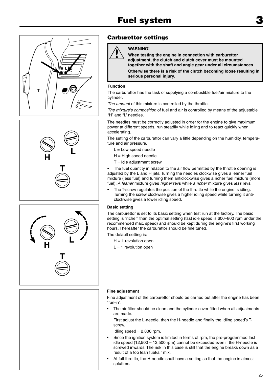 Husqvarna 343F, 345FX, 345FXT, 343R, 345RX manual Carburettor settings, Basic setting, Fine adjustment 