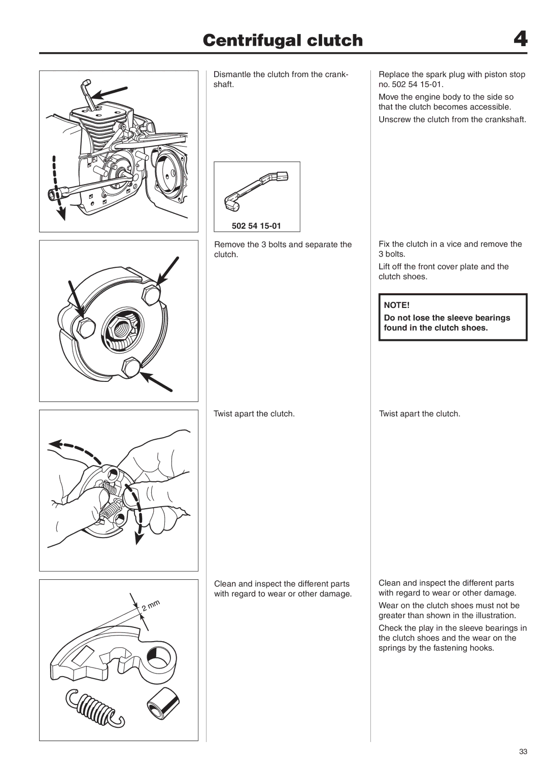 Husqvarna 343F, 345FX, 345FXT, 343R, 345RX Centrifugal clutch, Do not lose the sleeve bearings found in the clutch shoes 