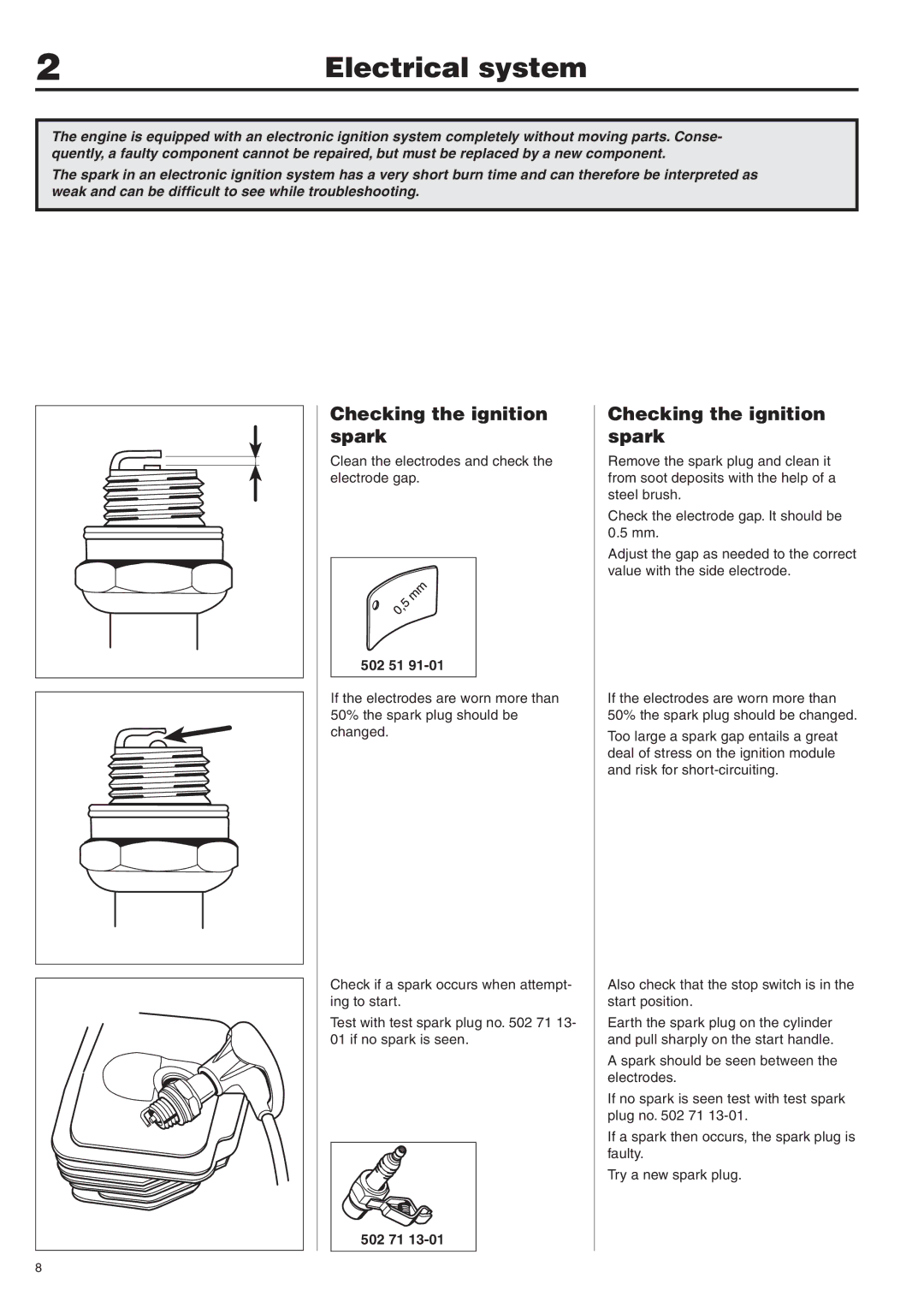 Husqvarna 343F, 345FX, 345FXT, 343R, 345RX manual Electrical system, Checking the ignition spark, 502 71 