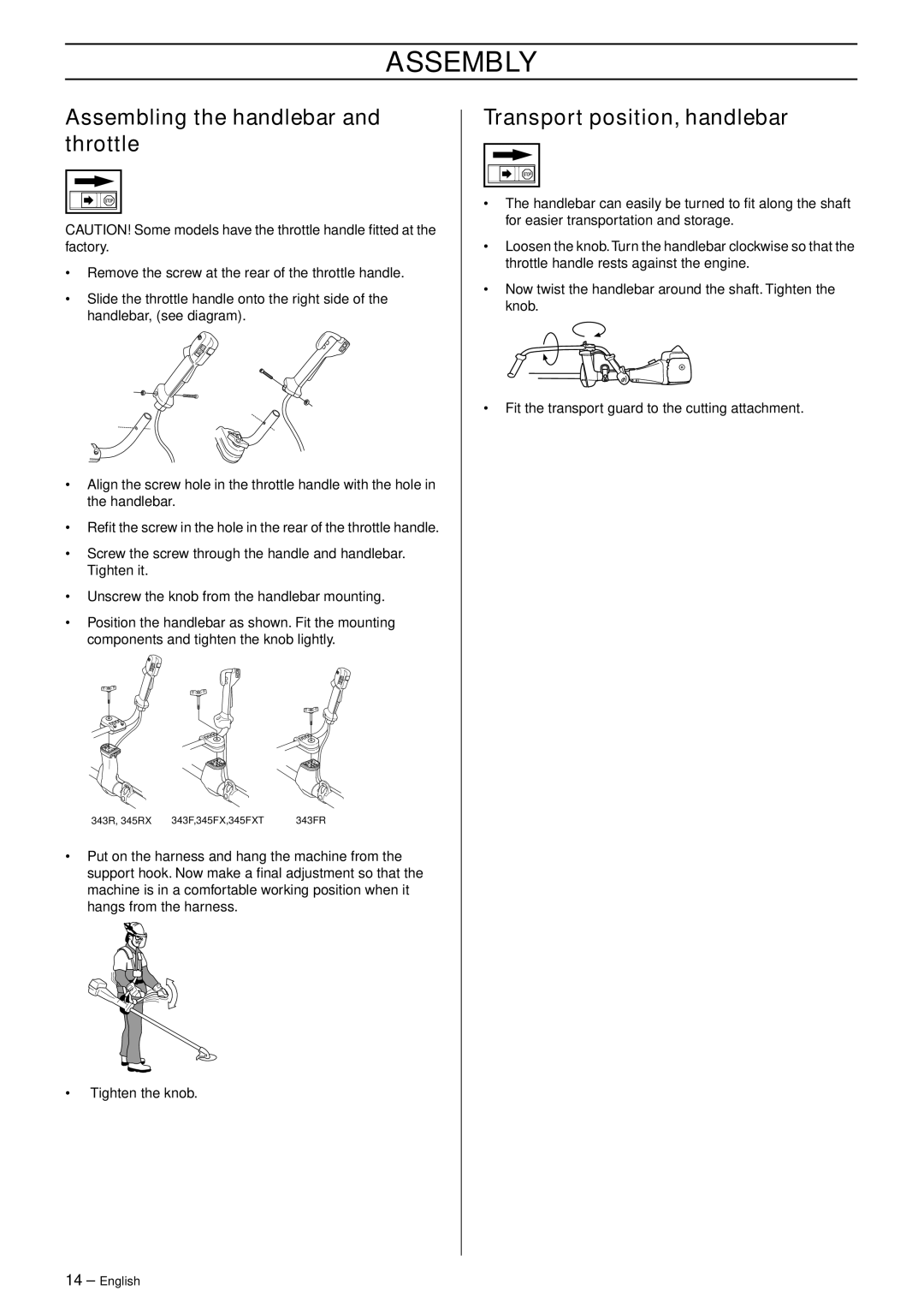 Husqvarna 345RX, 343R, 345FXT, 343FR manual Assembly, Assembling the handlebar and throttle, Transport position, handlebar 