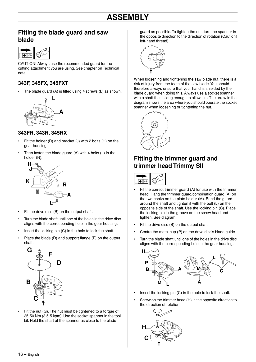 Husqvarna manual Fitting the blade guard and saw blade, 343F, 345FX, 345FXT, 343FR, 343R, 345RX 