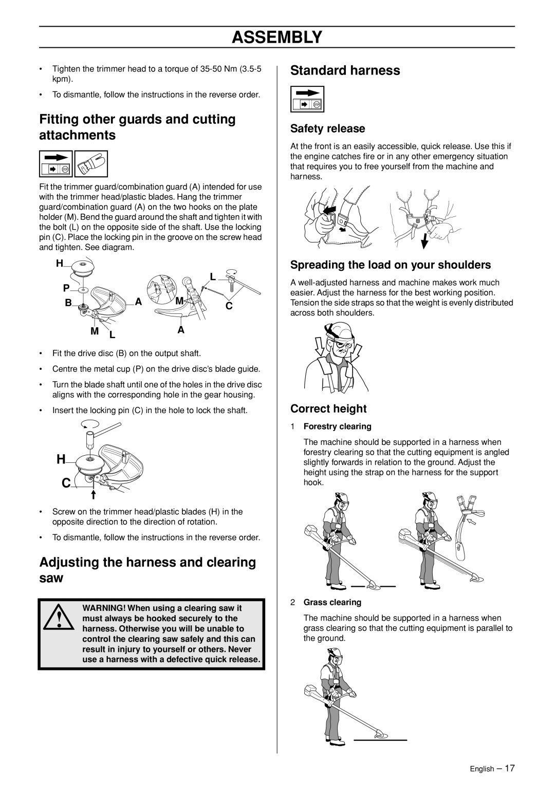 Husqvarna 343FR Fitting other guards and cutting attachments, Adjusting the harness and clearing saw, Standard harness 