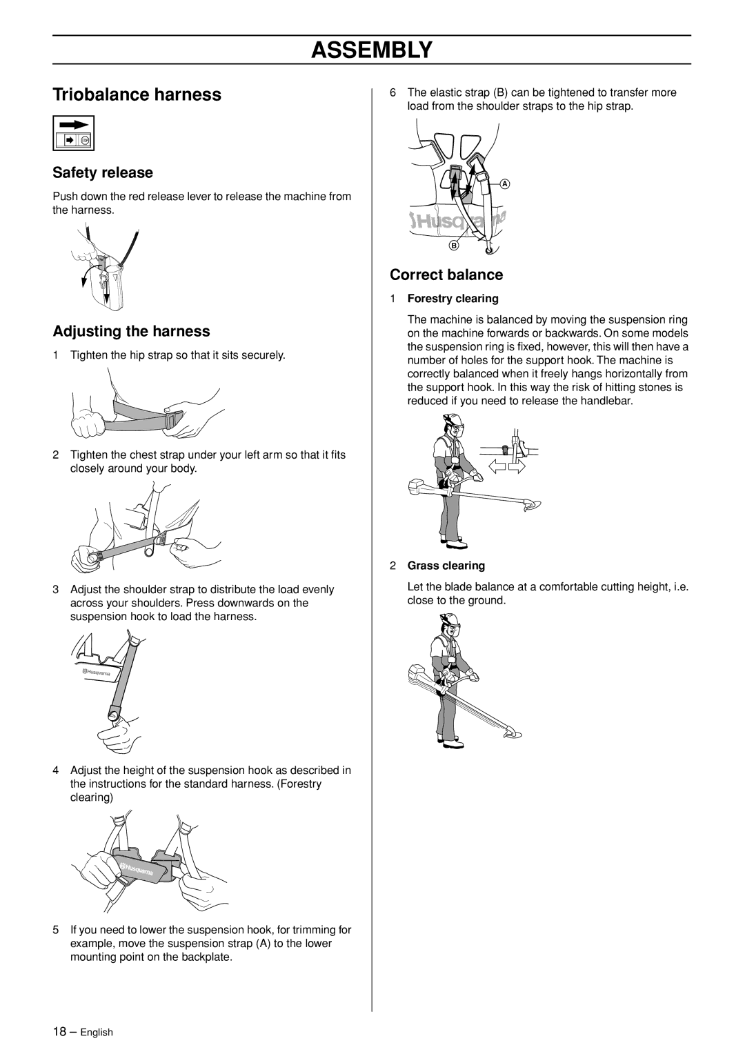 Husqvarna 343R, 345FXT, 345RX, 343FR manual Triobalance harness, Adjusting the harness, Correct balance 