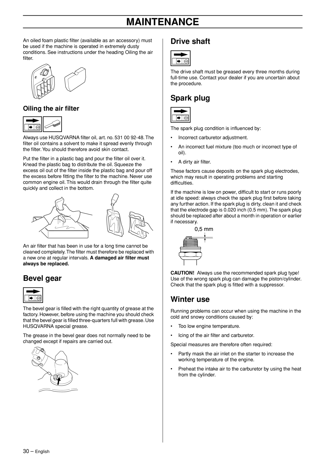 Husqvarna 343R, 345FXT, 345RX, 343FR manual Bevel gear, Drive shaft, Spark plug, Winter use, Oiling the air ﬁlter 