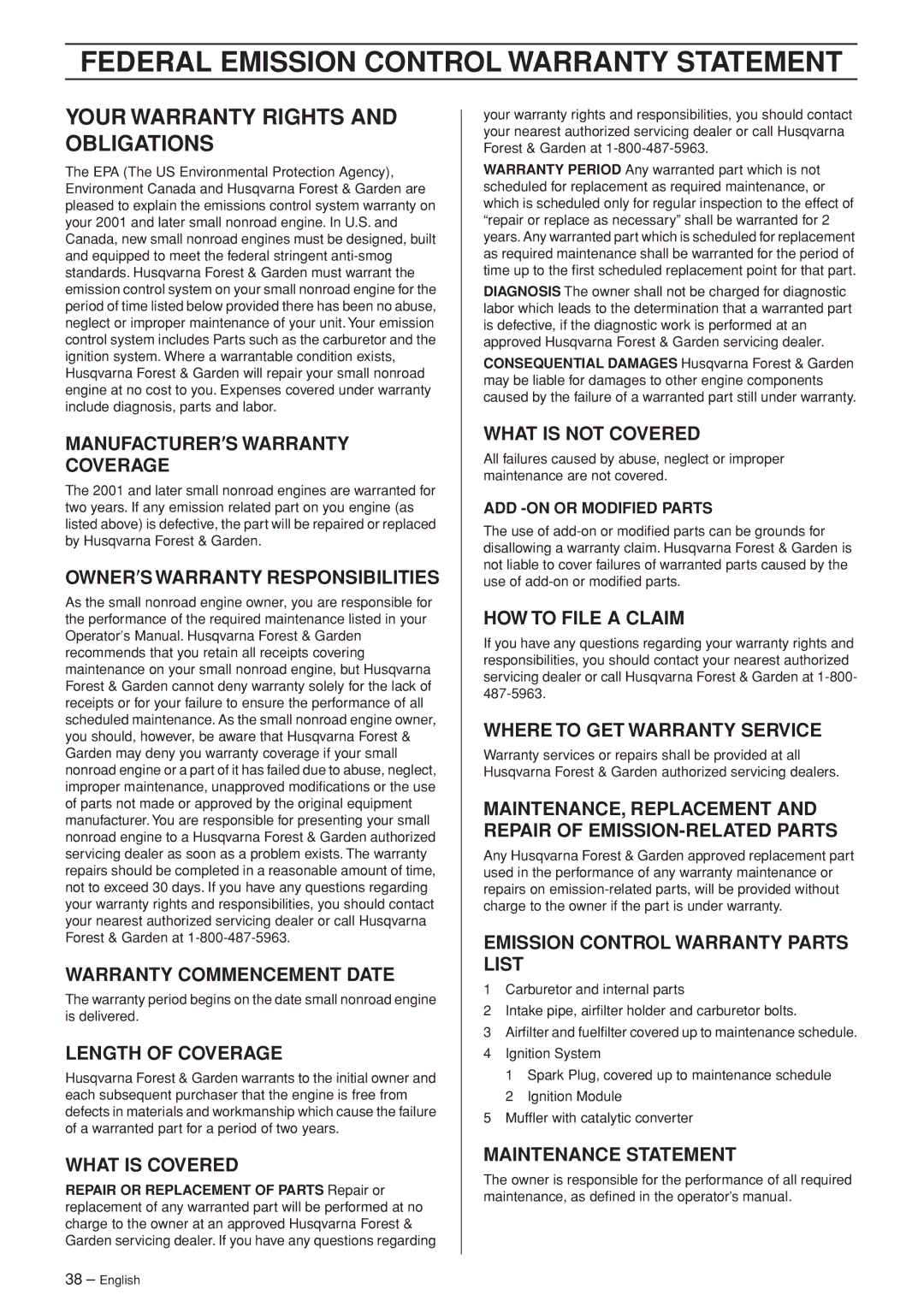 Husqvarna 345RX, 343R, 345FXT, 343FR Federal Emission Control Warranty Statement, Your Warranty Rights and Obligations 