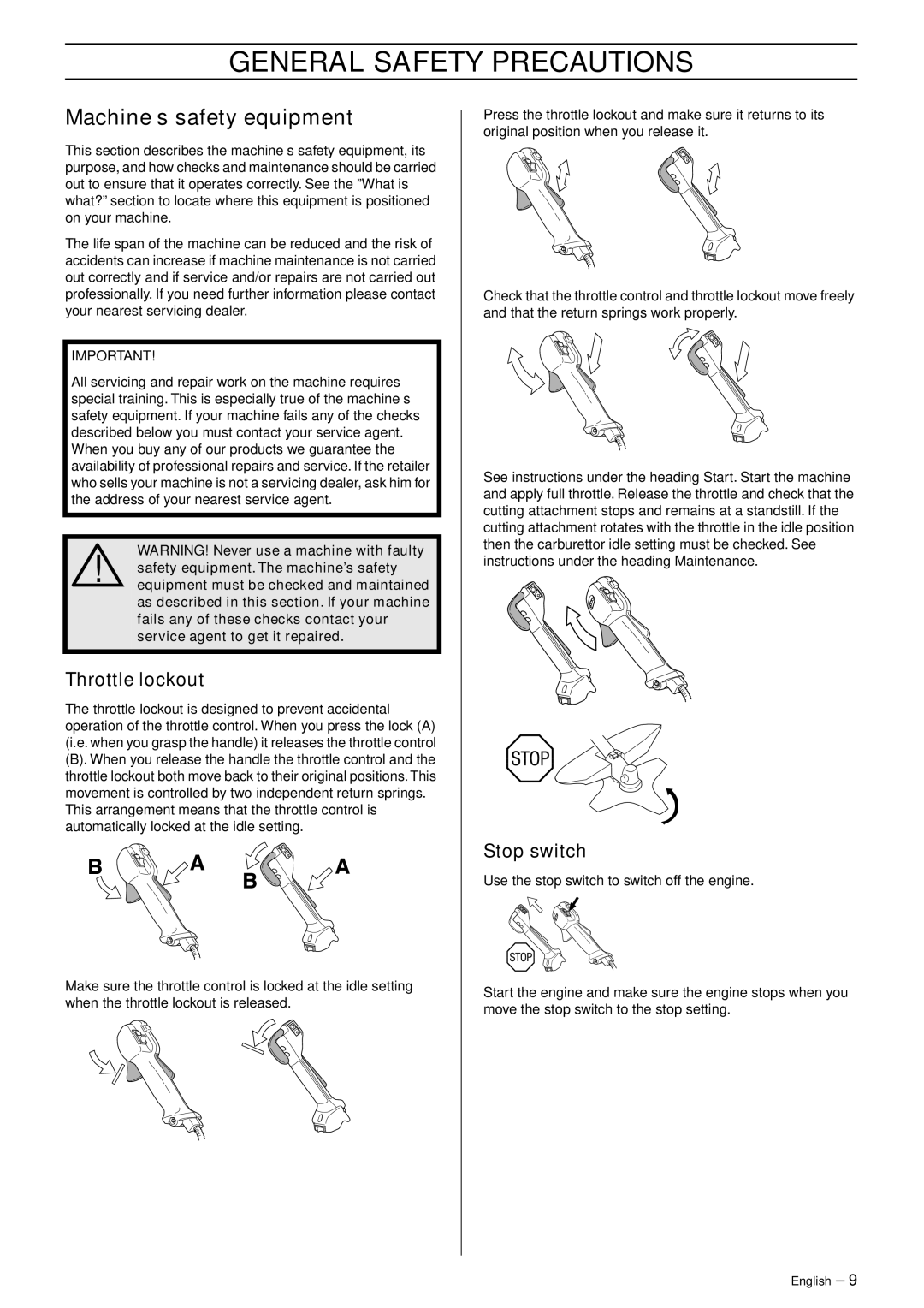 Husqvarna 343R, 345FXT, 345RX, 343FR manual Machine′s safety equipment, Throttle lockout, Stop switch 