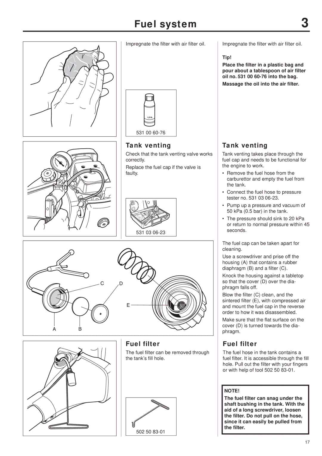 Husqvarna 343R, 345RX, 343F, 345FX, 345FXT manual Tank venting, Fuel filter 