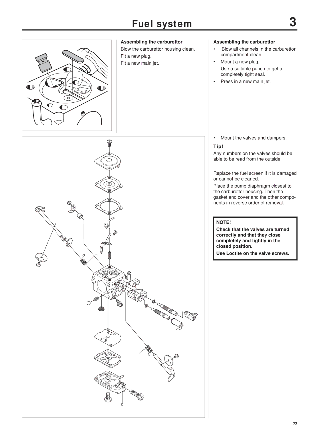 Husqvarna 343R, 345RX, 343F, 345FX, 345FXT manual Assembling the carburettor 