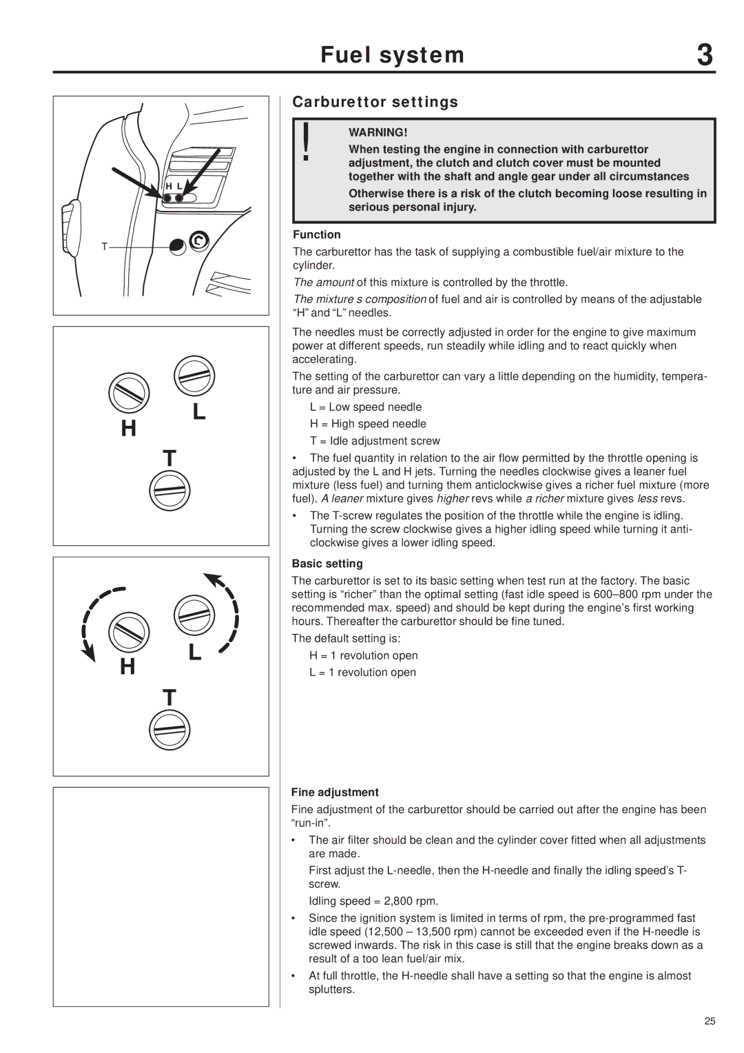 Husqvarna 343R, 345RX, 343F, 345FX, 345FXT manual Carburettor settings, Basic setting, Fine adjustment 