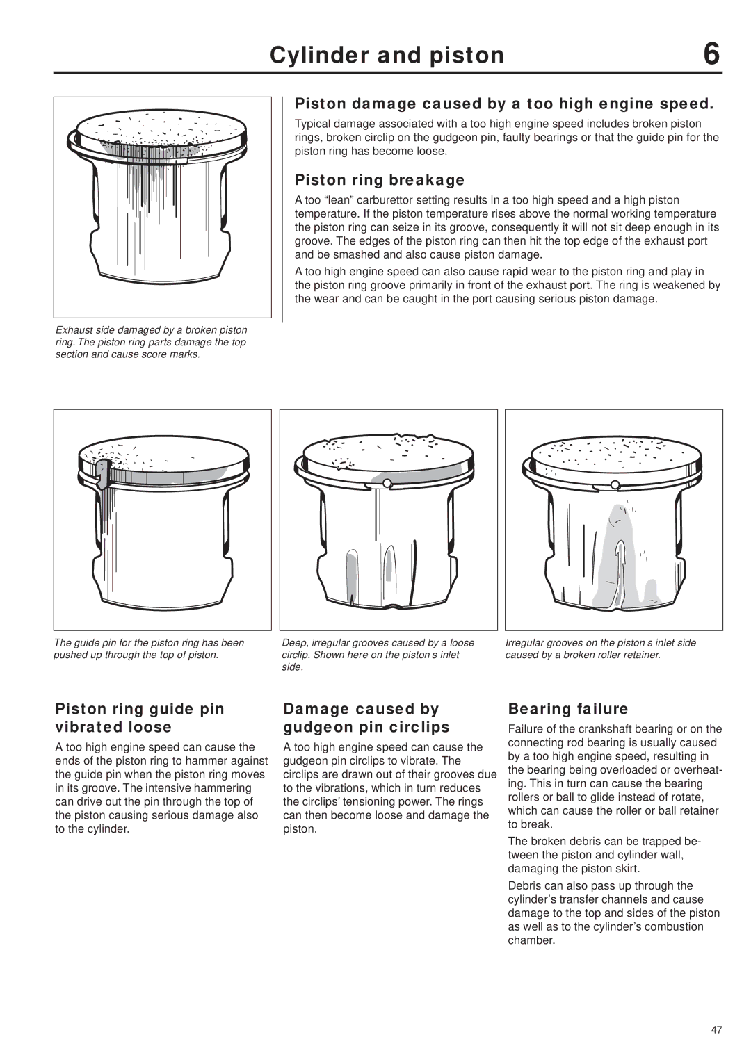 Husqvarna 343R, 345RX, 343F, 345FX, 345FXT manual Piston damage caused by a too high engine speed, Piston ring breakage 