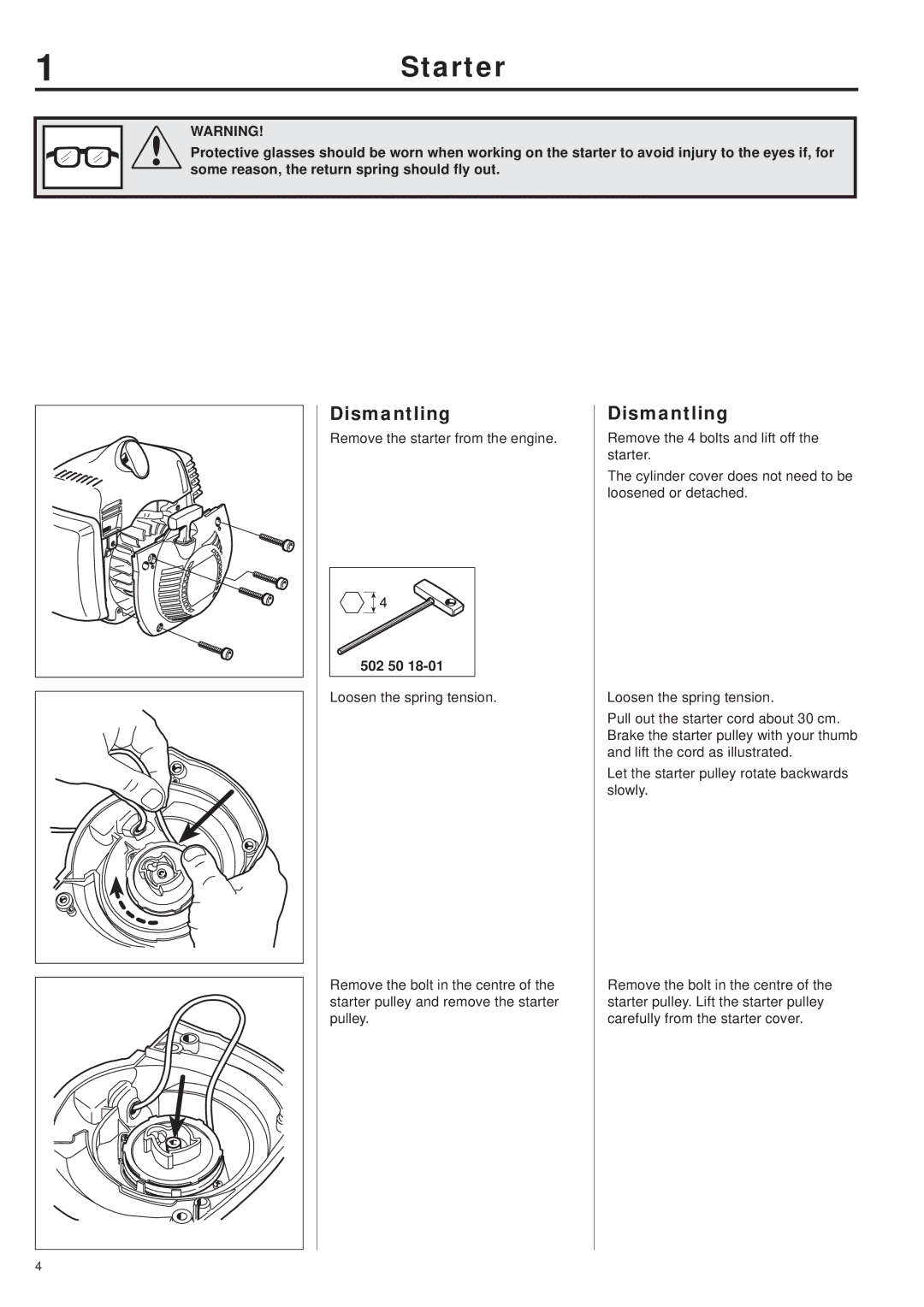 Husqvarna 343R, 345RX, 343F, 345FX, 345FXT manual 1Starter, Dismantling 