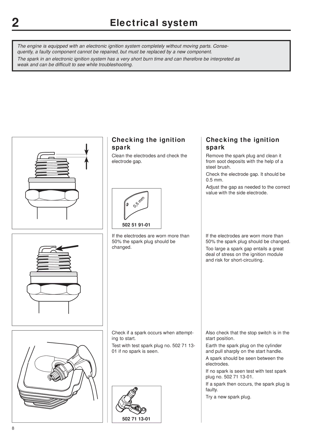 Husqvarna 343R, 345RX, 343F, 345FX, 345FXT manual Electrical system, Checking the ignition spark, 502 71 