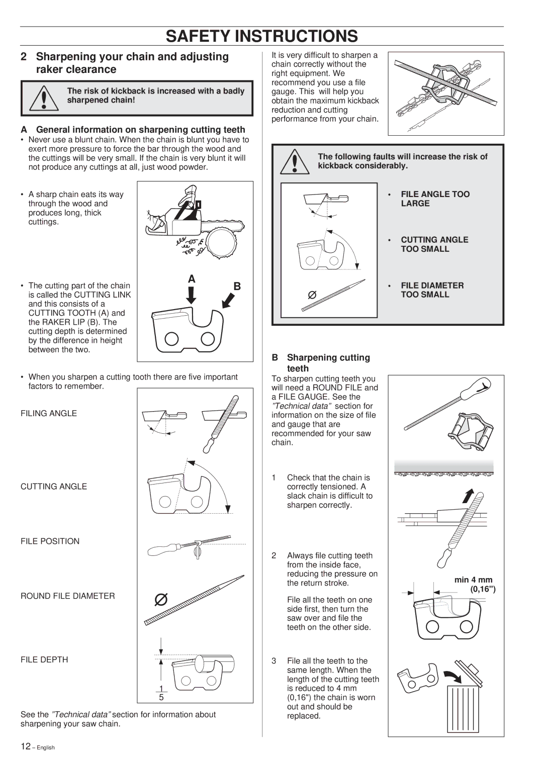 Husqvarna 345 manual Sharpening your chain and adjusting raker clearance, General information on sharpening cutting teeth 