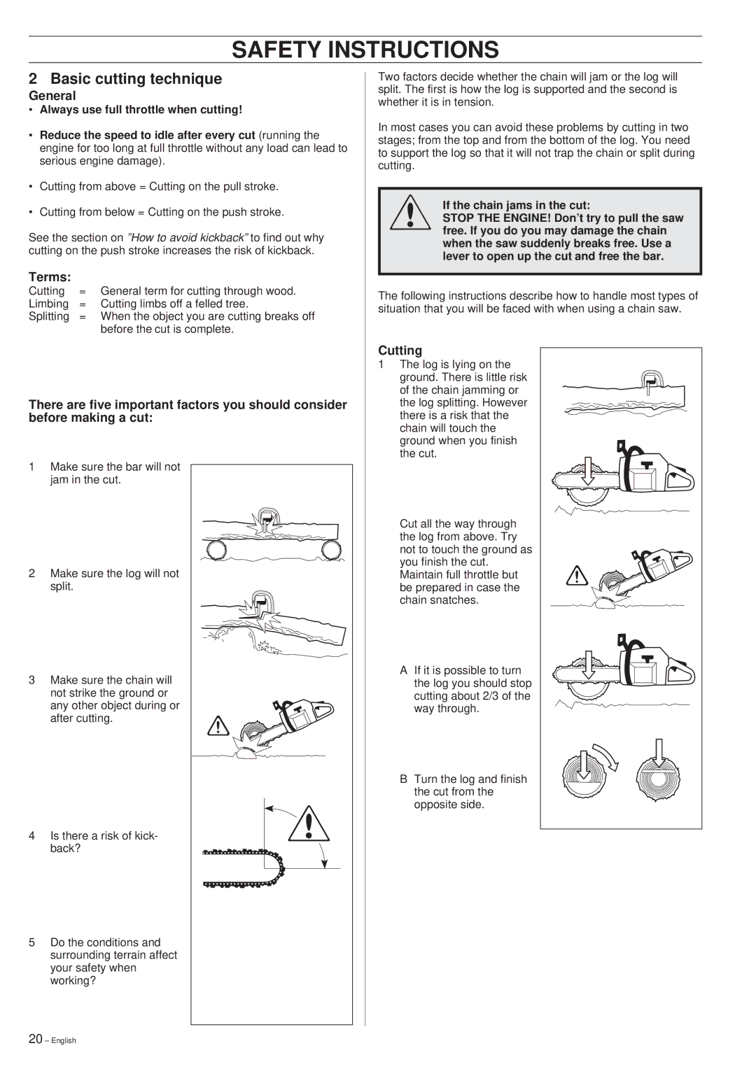 Husqvarna 340, 345, 350 manual Basic cutting technique, General, Terms, Cutting 