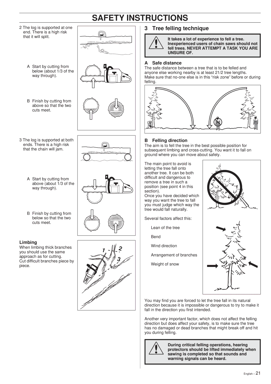 Husqvarna 340, 345, 350 manual Tree felling technique, Safe distance, Limbing, Felling direction 