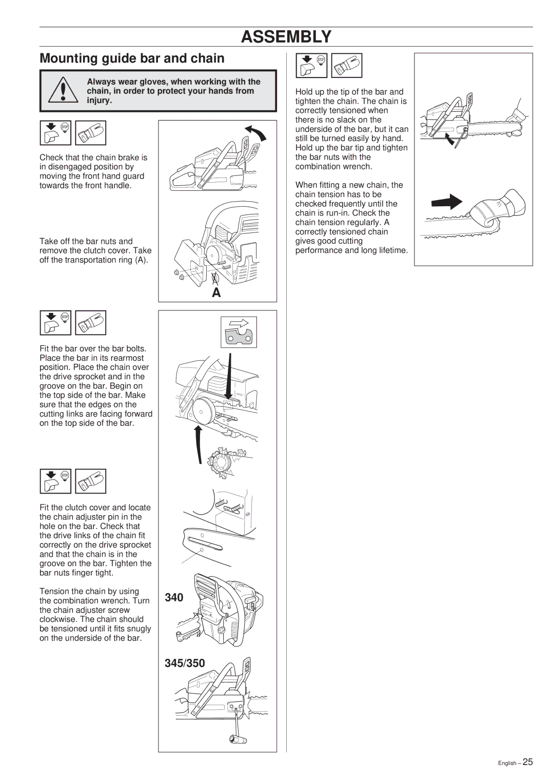 Husqvarna 340, 345, 350 manual Assembly, Mounting guide bar and chain, 345/350 