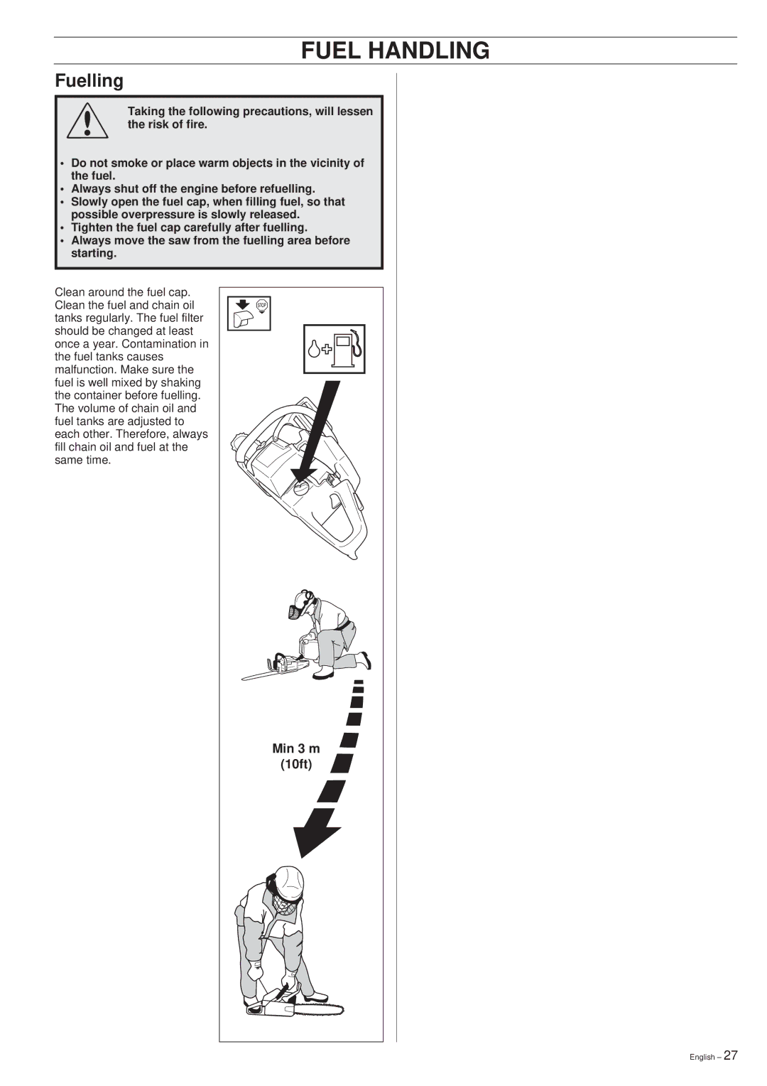 Husqvarna 340, 345, 350 manual Fuelling, Min 3 m, 10ft 