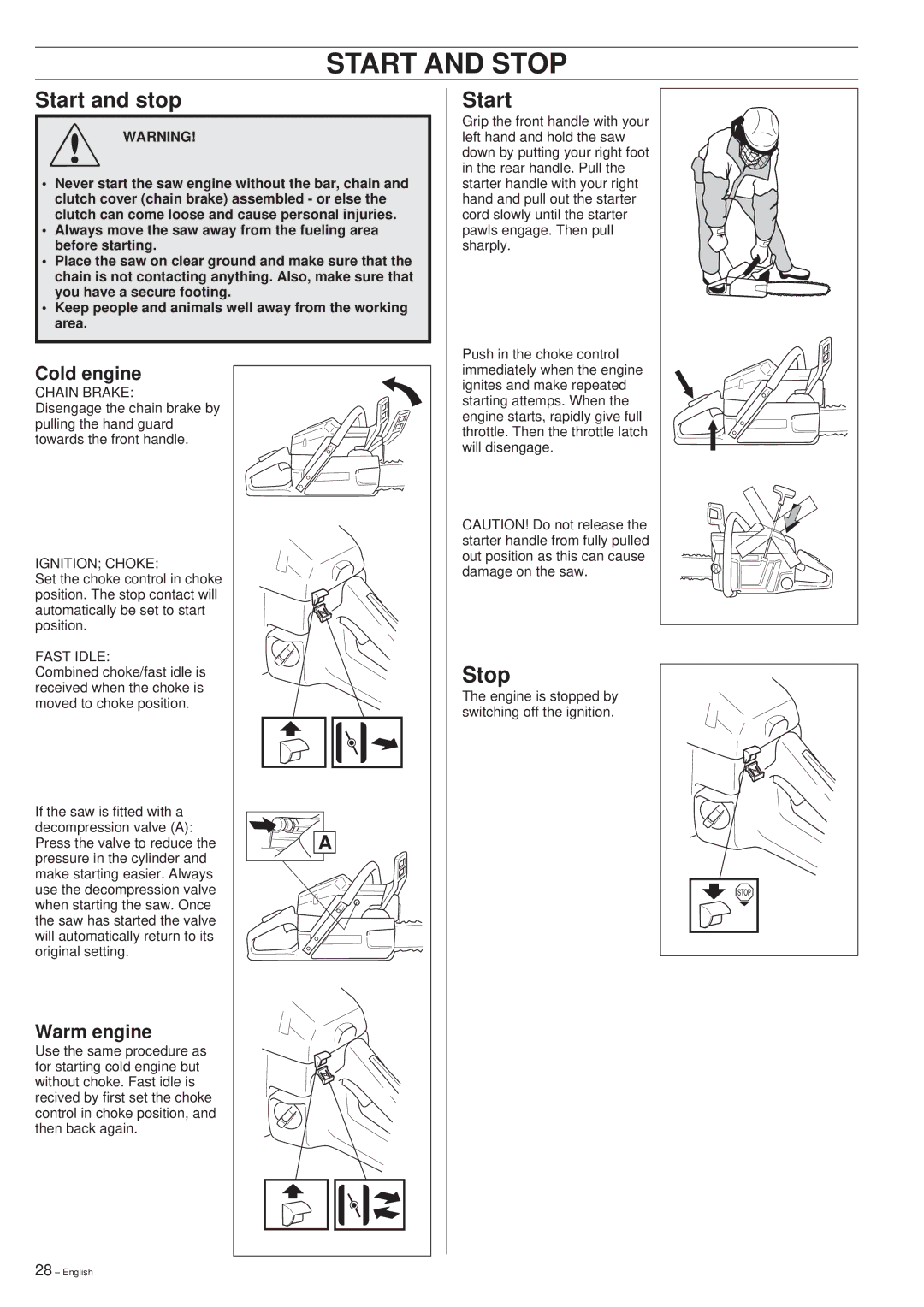 Husqvarna 340, 345, 350 manual Start and Stop, Start and stop 