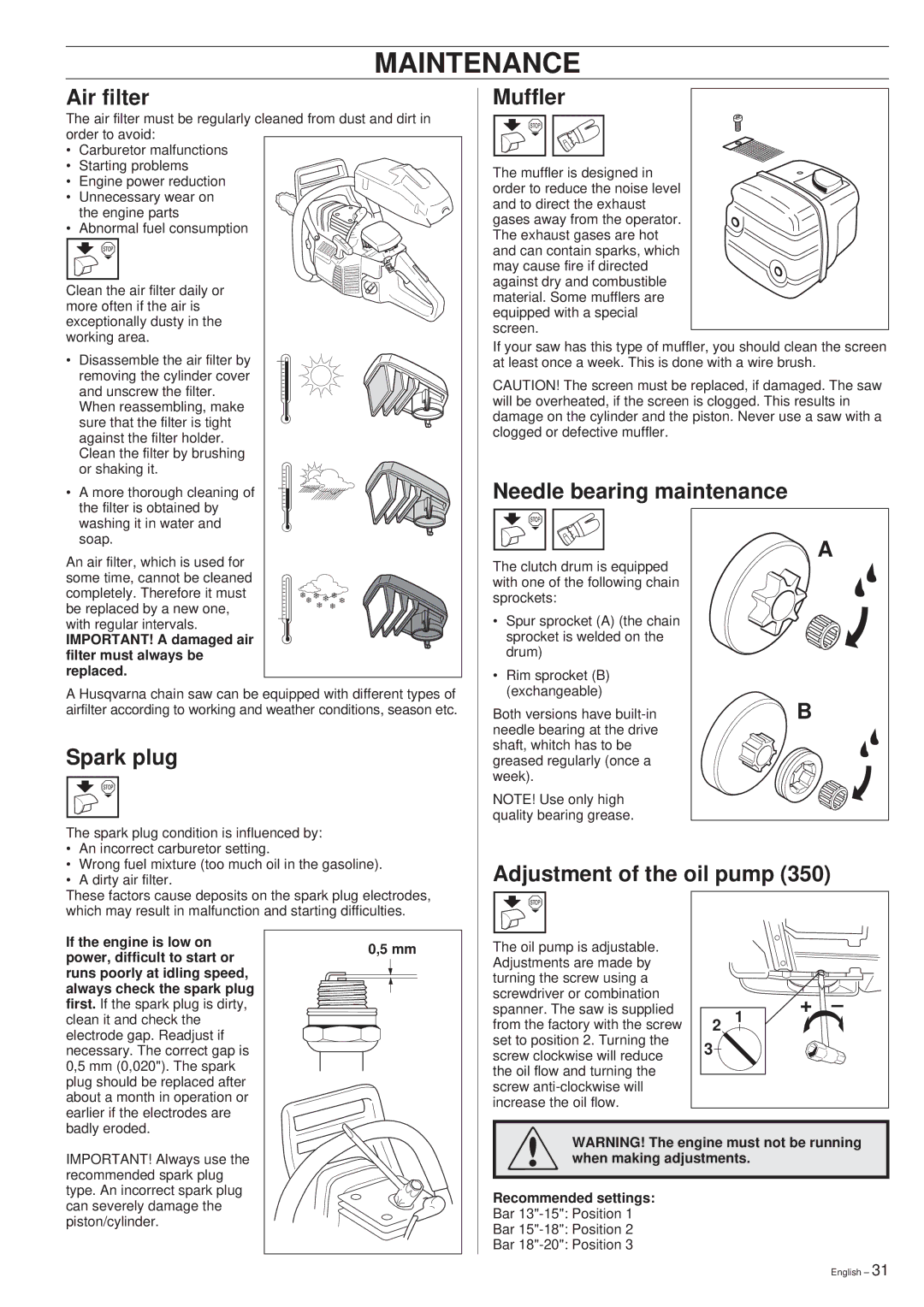 Husqvarna 340, 345, 350 manual Air filter, Muffler, Needle bearing maintenance, Spark plug, Adjustment of the oil pump 