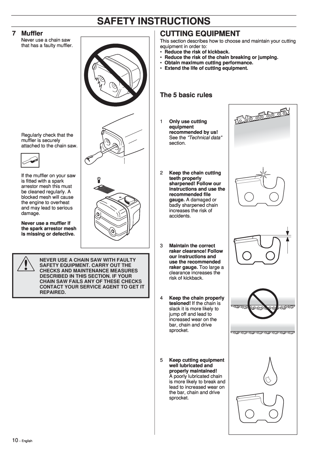 Husqvarna 340, 345, 350 manual Cutting Equipment, The 5 basic rules, Safety Instructions, Muffler 