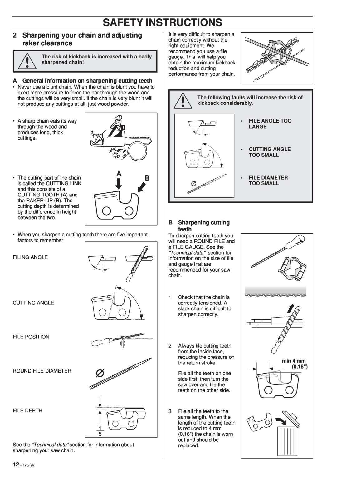 Husqvarna 345 manual AGeneral information on sharpening cutting teeth, B Sharpening cutting teeth, Safety Instructions 