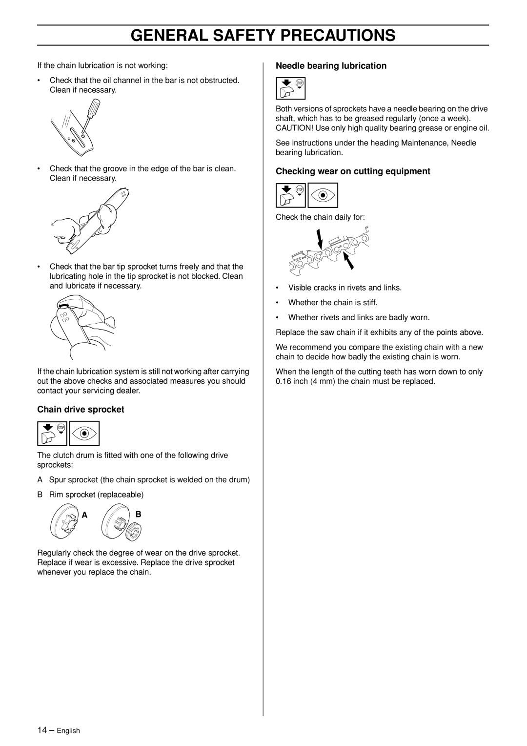 Husqvarna 345, 346XP, 353, 345e manual Chain drive sprocket, Needle bearing lubrication, Checking wear on cutting equipment 