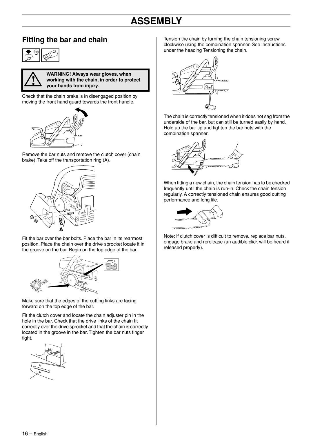 Husqvarna 345, 346XP, 353, 345e manual Assembly, Fitting the bar and chain 