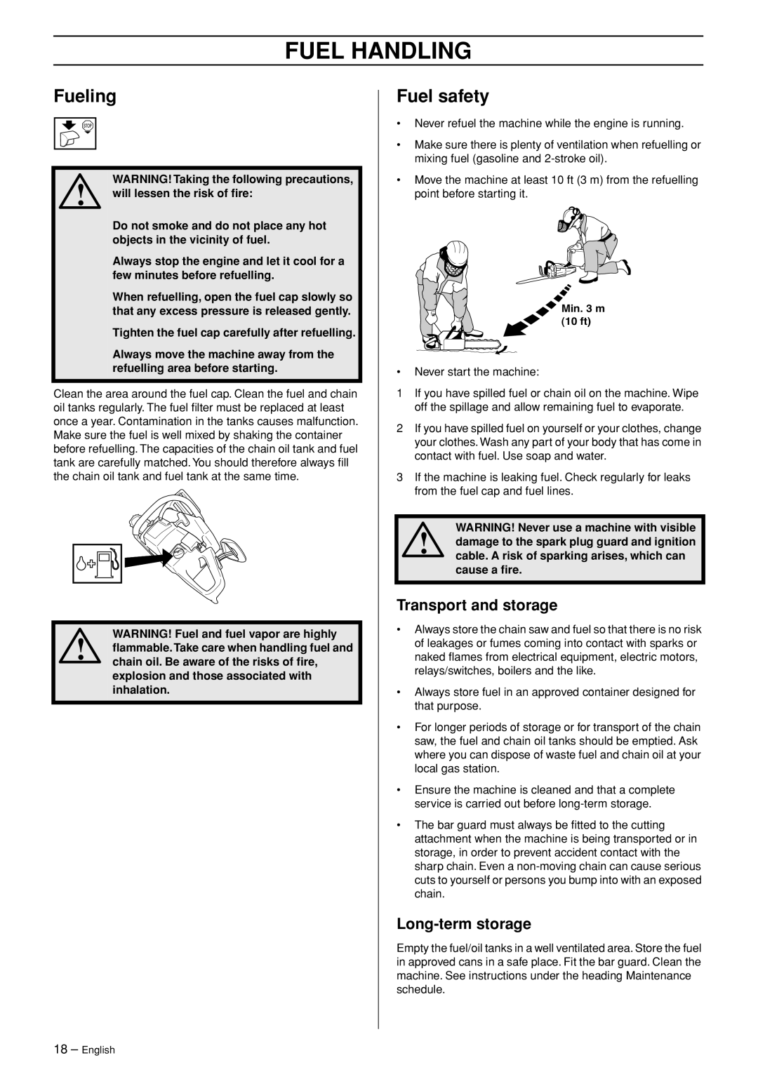 Husqvarna 345, 346XP, 353, 345e manual Fueling, Fuel safety, Transport and storage, Long-term storage 
