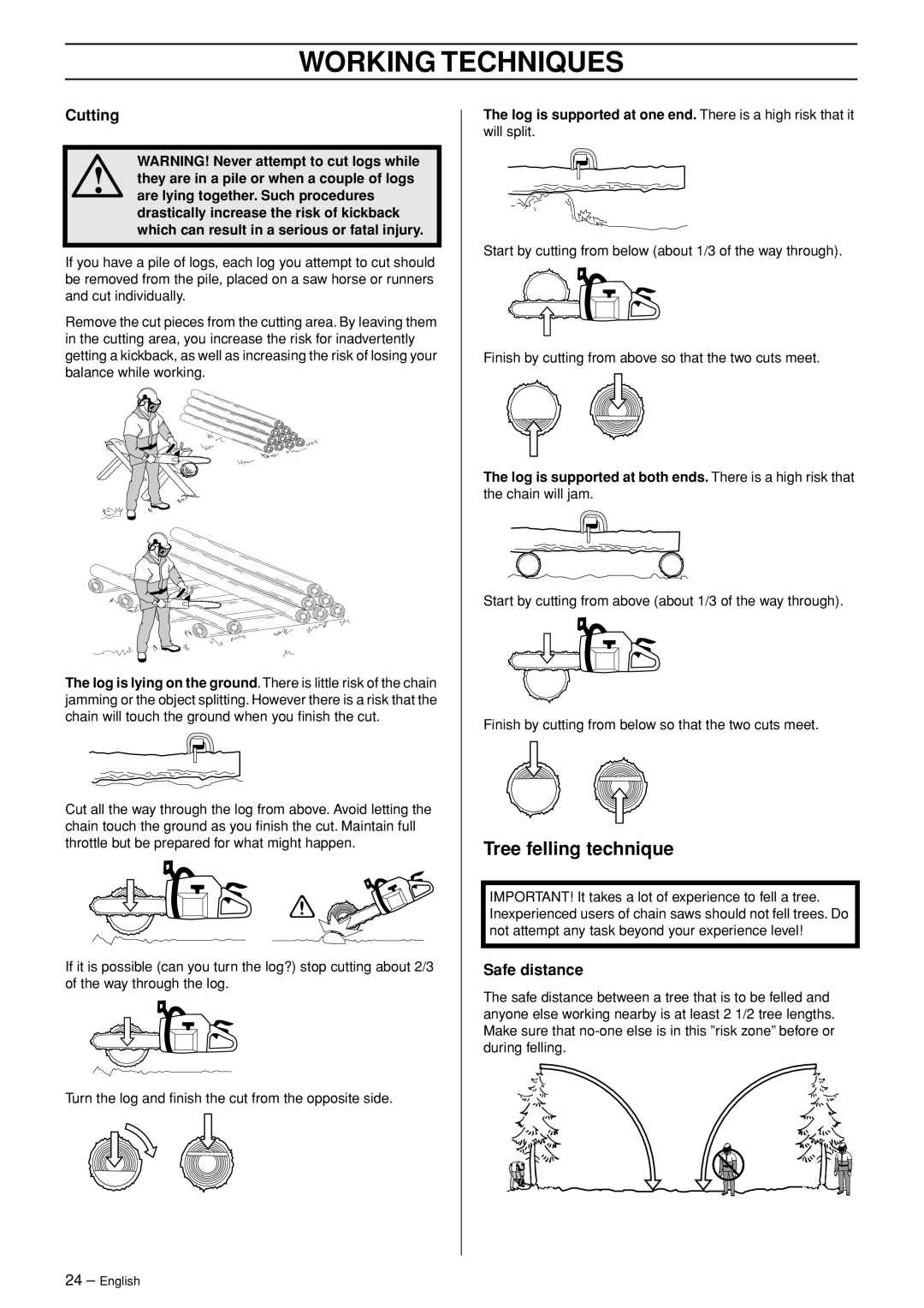 Husqvarna 345, 346XP, 353, 345e manual Tree felling technique, Cutting, Safe distance 