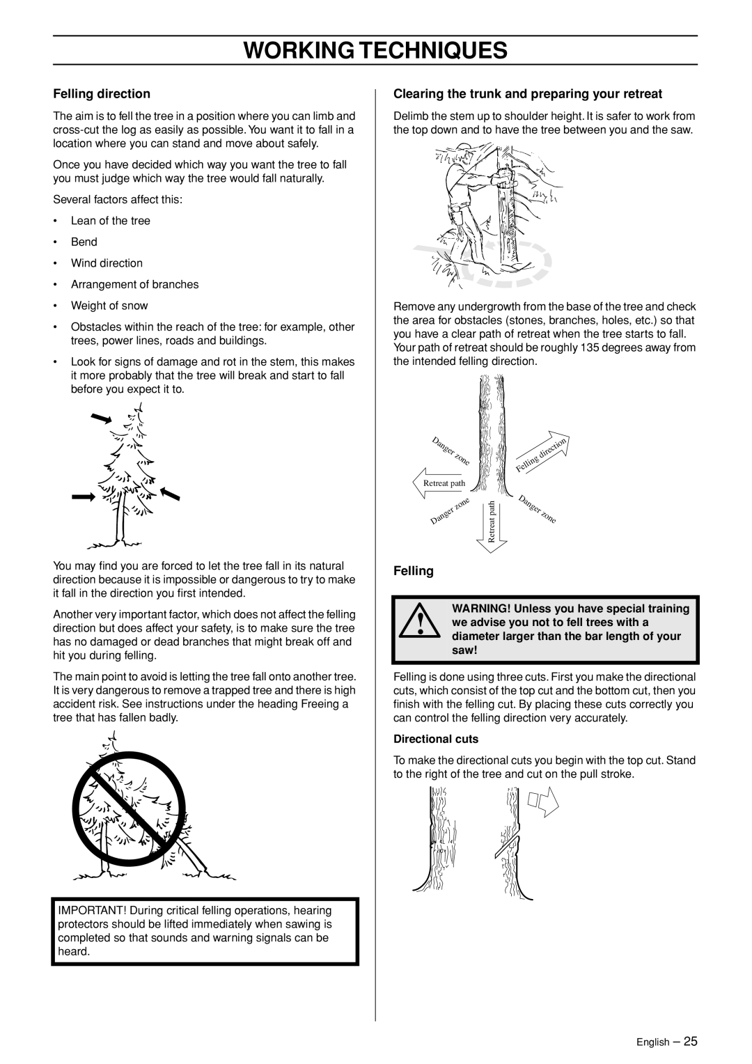 Husqvarna 345e, 345, 346XP, 353 manual Felling direction, Clearing the trunk and preparing your retreat, Directional cuts 