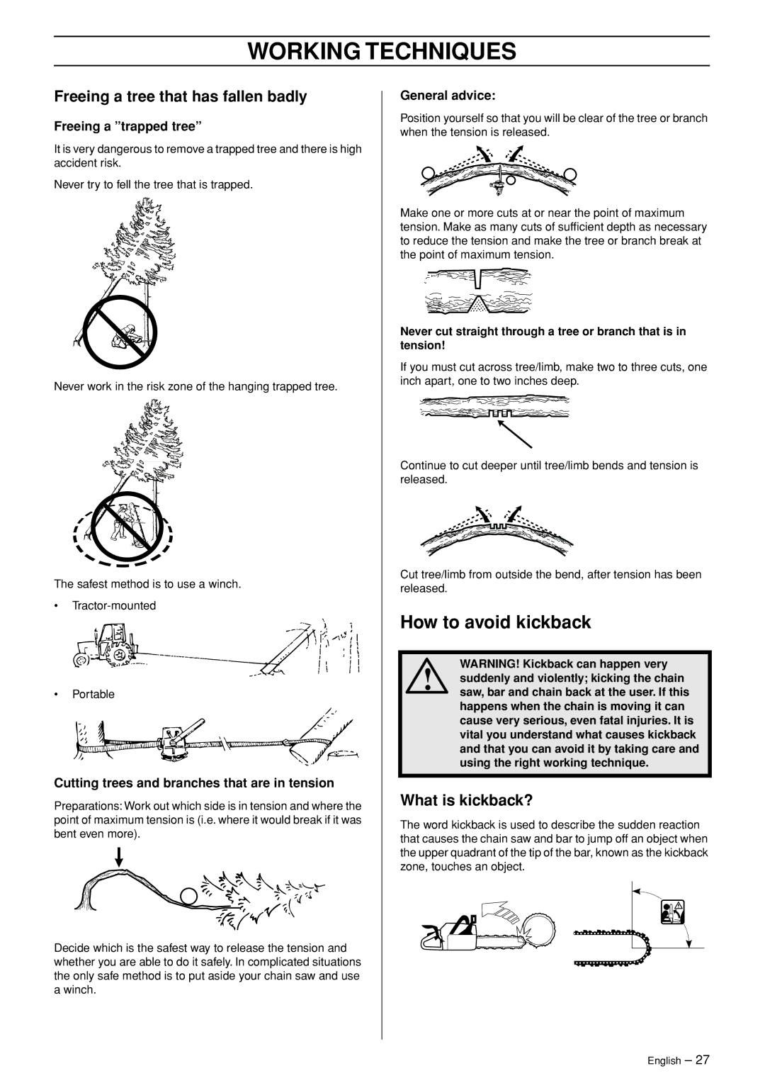 Husqvarna 345e, 345, 346XP, 353 manual How to avoid kickback, Freeing a tree that has fallen badly, What is kickback? 