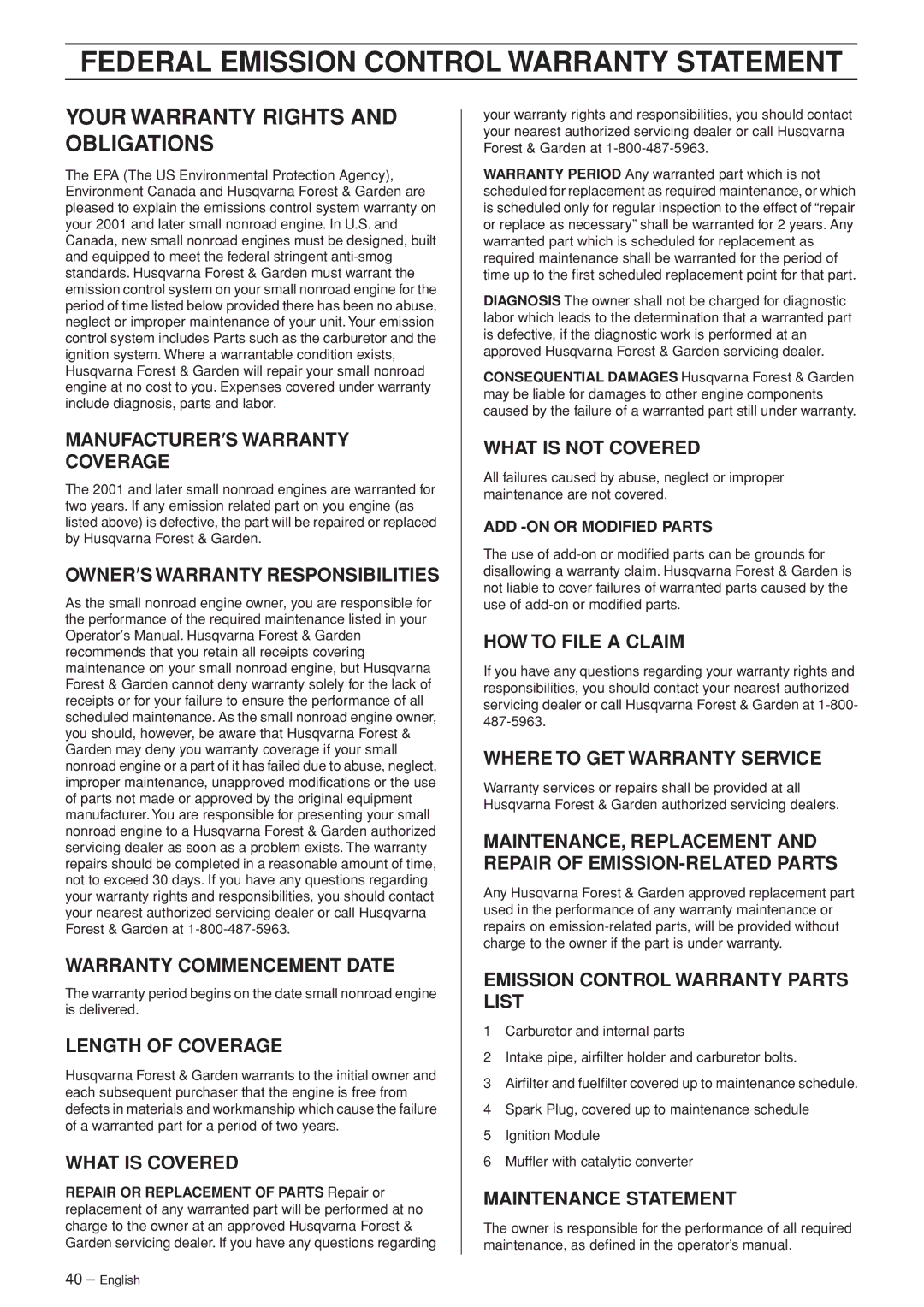 Husqvarna 345, 346XP, 353, 345e manual Federal Emission Control Warranty Statement, Your Warranty Rights and Obligations 