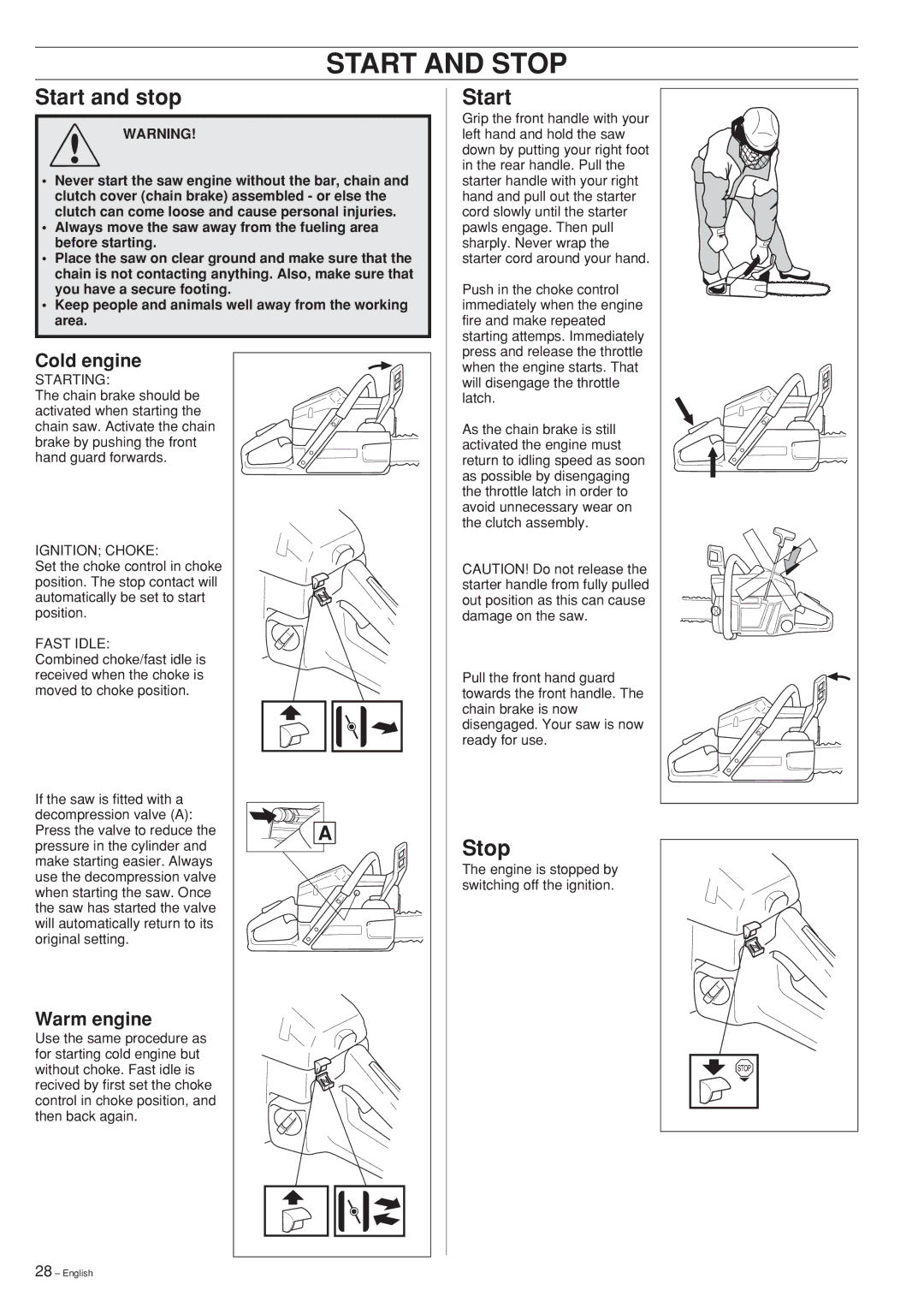 Husqvarna 340 EPA II, 345 EPA II, 350 EPAI manual Start and Stop, Start and stop 