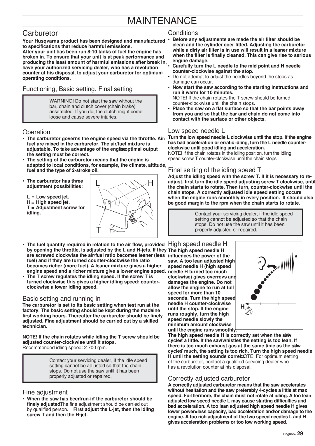 Husqvarna 340 EPA II, 345 EPA II, 350 EPAI manual Maintenance, Carburetor 