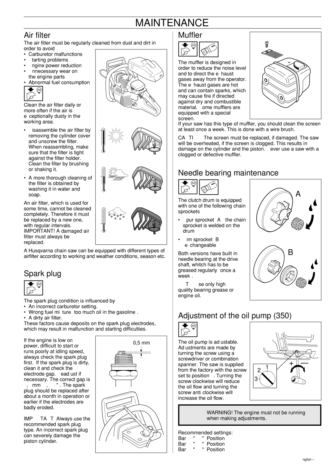 Husqvarna 340 EPA II, 345 EPA II, 350 EPAI manual Air filter, Muffler, Needle bearing maintenance, Spark plug 