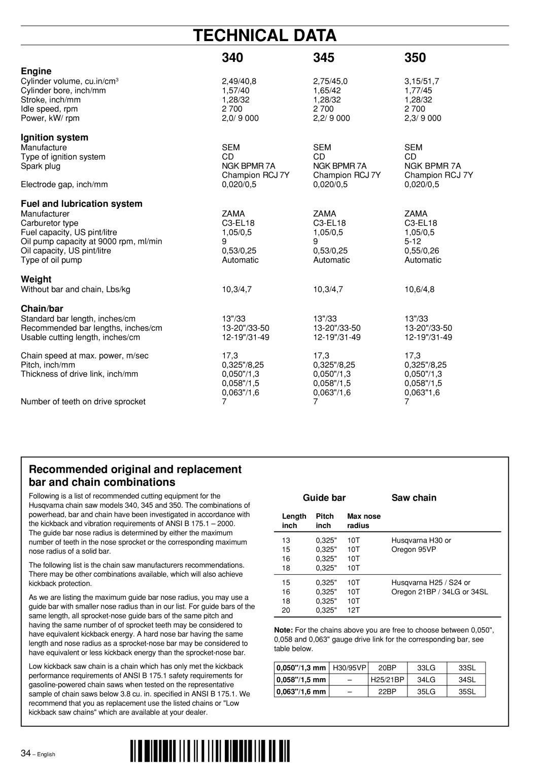 Husqvarna 340 EPA II, 345 EPA II, 350 EPAI manual Technical Data, 340 345 350 