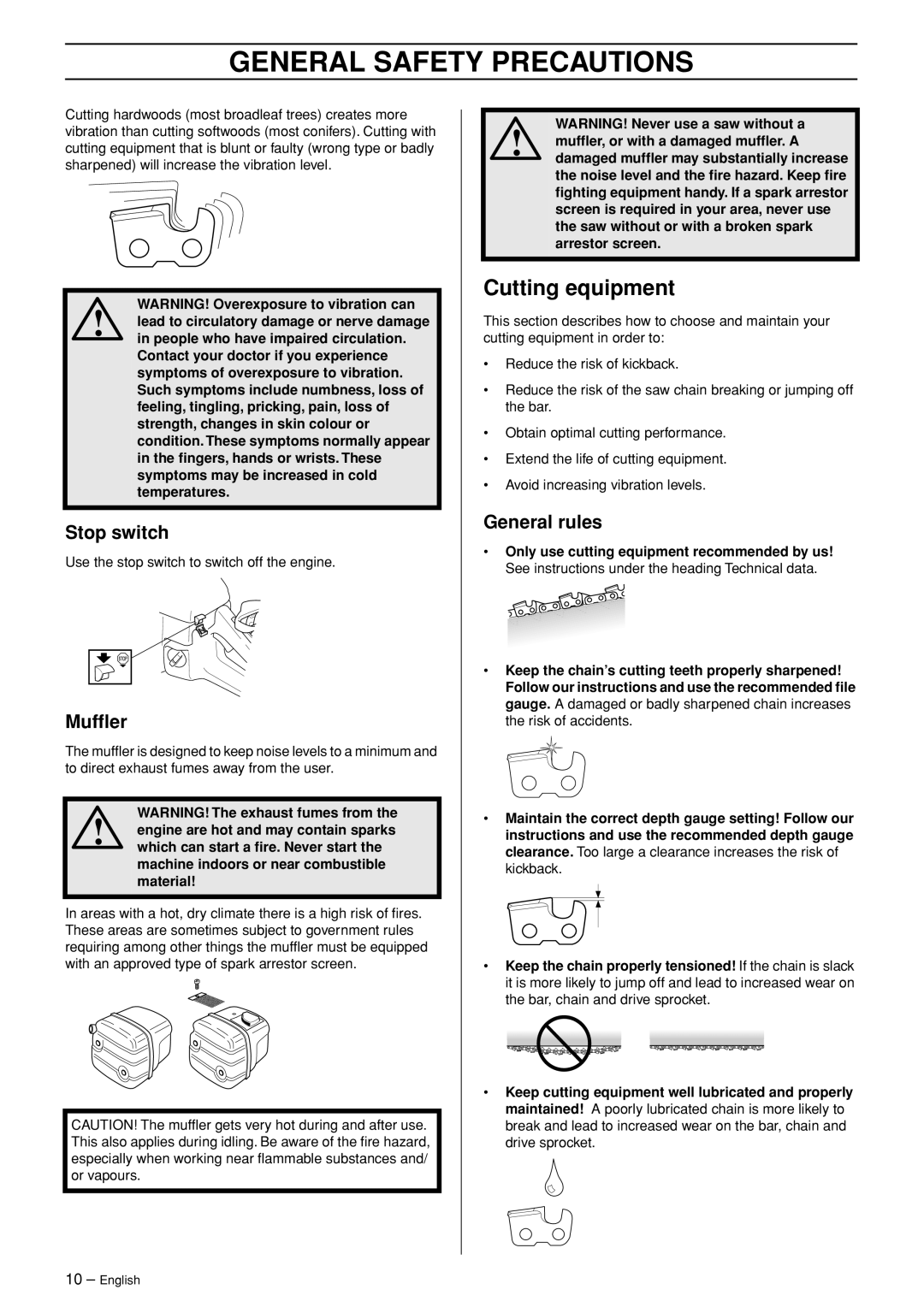 Husqvarna 345e EPA II, 346XP EPA I, 353 EPA II manual Cutting equipment, Stop switch, Mufﬂer, General rules 